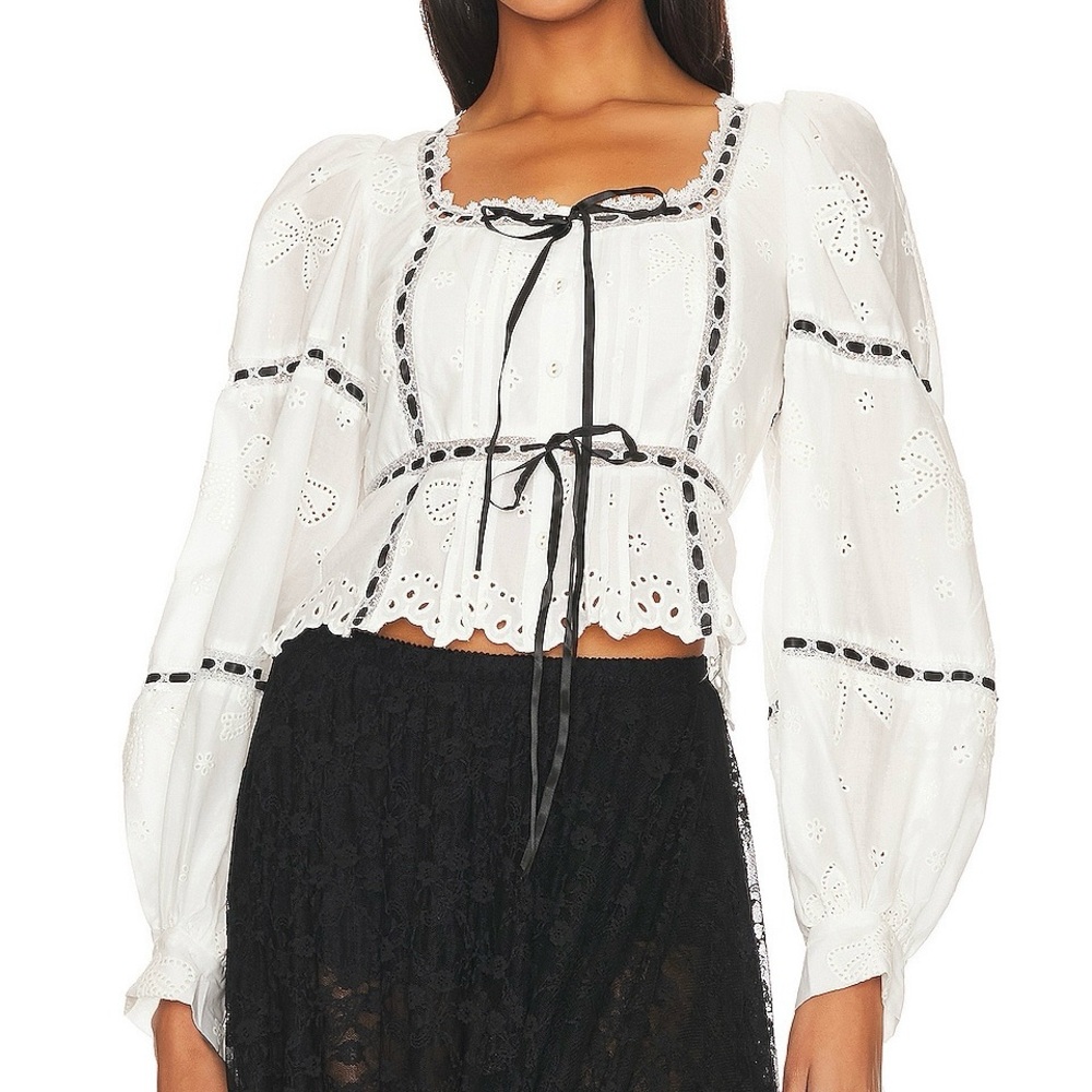 For Love And Lemons Rowan White Eyelet Peasant Blouse with Black Trim